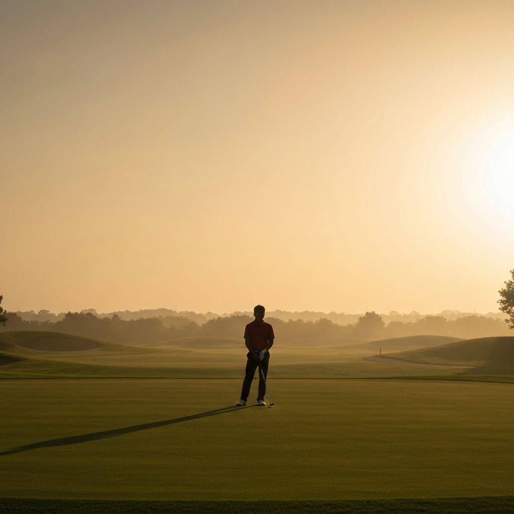 Golfer on the fairway at sunrise